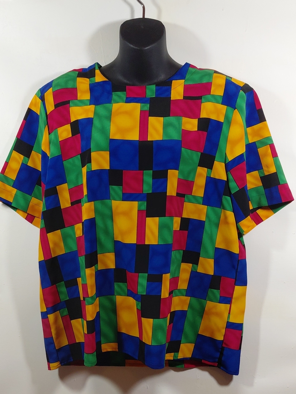 Vintage Women's Multicolor Geometric Print Shoulder Pads Short Sleeve Shirt Sz L